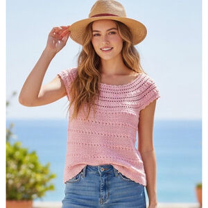 Handmade Crochet Sweater Pullover Round Neck Short Sleeve MED Women Cottagecore